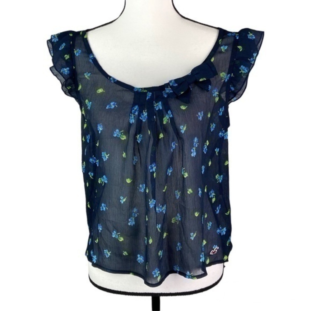 Hollister Blouse Top Womens Size M Dark Blue Sheer Floral Print Flutter Sleeve